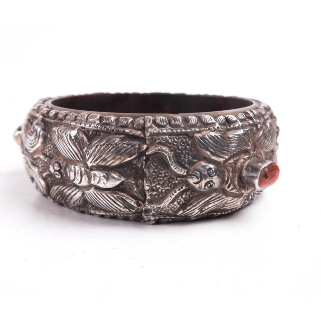 Early 20th Century Vintage Tribal Repousse Silver and Coral Bracelet For Sale - Image 5 of 6