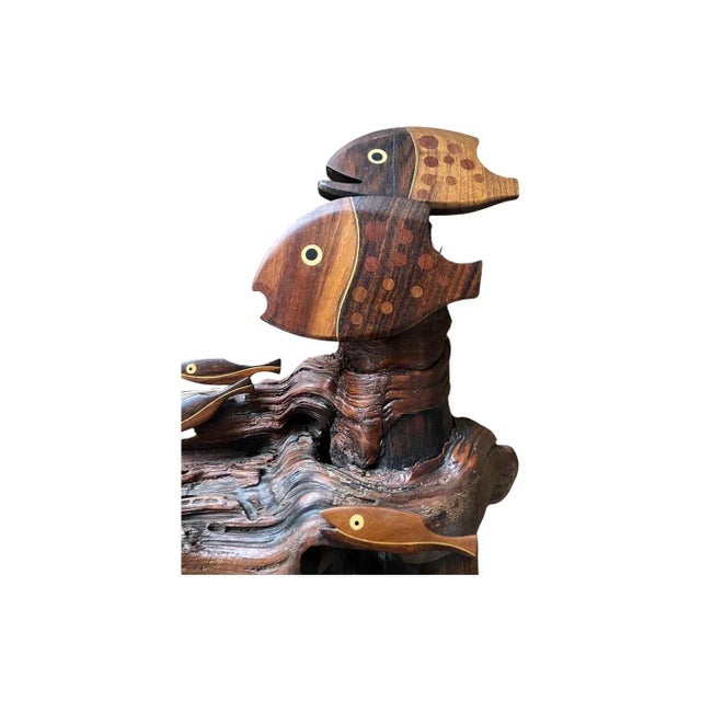 Vintage 1970s Heinz Norhausen Mid-Century Modern Parquet Exotic Wood Wall Fish Reef Sculpture Free Form Organic Art Signed For Sale - Image 4 of 11