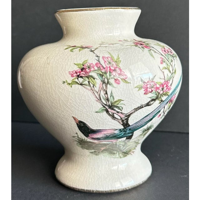 Vintage 1900s Chinoiserie Bird & Pink Flowering Bush Round Porcelain Vase For Sale - Image 4 of 12