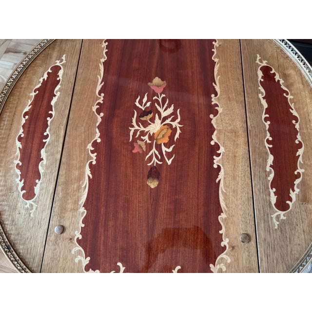 Brown Vintage Brass and Marquetry Bar Cart, Italian Style Drinks Trolley with Folding Leaves, 1960s, 1970s For Sale - Image 8 of 18