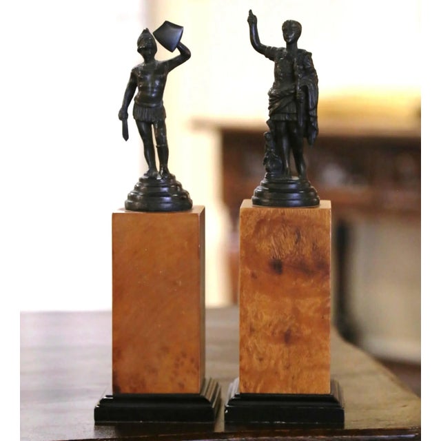 Late 20th Century Pair of Late 20th Century Bronze Statues on Wooden Columns For Sale - Image 5 of 6