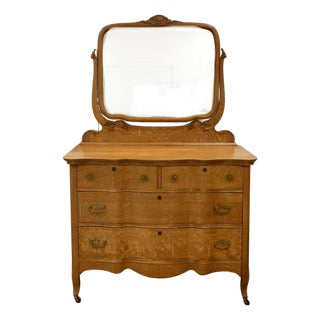 1890s Antique Serpentine Tiger Oak Dresser With Mirror For Sale