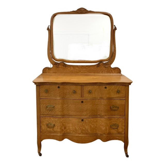 1890s Antique Serpentine Tiger Oak Dresser With Mirror For Sale