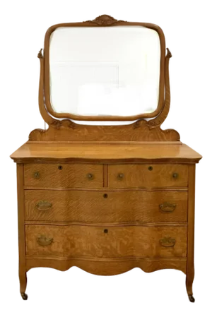 1890s Antique Serpentine Tiger Oak Dresser With Mirror