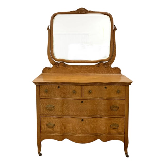 1890s Antique Serpentine Tiger Oak Dresser With Mirror Obo For Sale