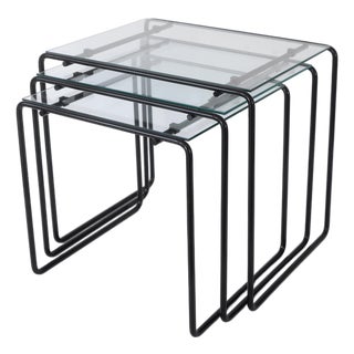 Vintage 80s Postmodern Black Metal & Glass Nesting Tables - Set of 3 For Sale