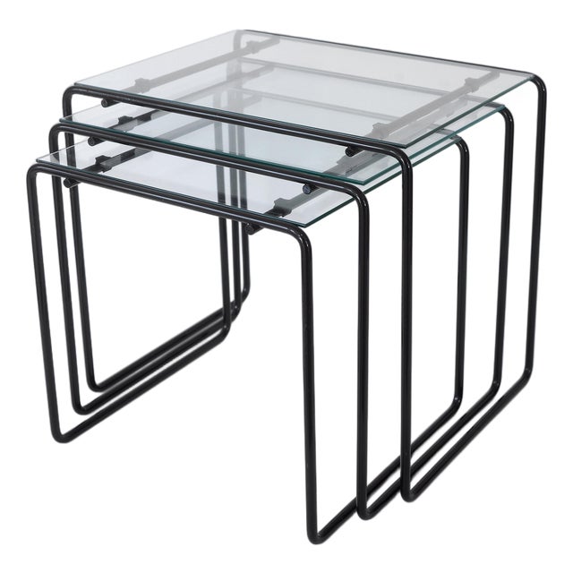 Vintage 80s Postmodern Black Metal & Glass Nesting Tables - Set of 3 For Sale
