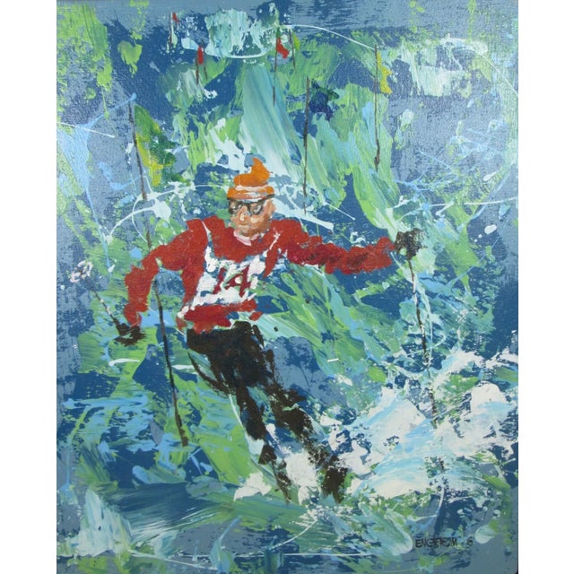 Paint 1969 Magnus Engstrom Painting Downhill Skier Mid Century Modern For Sale - Image 7 of 12