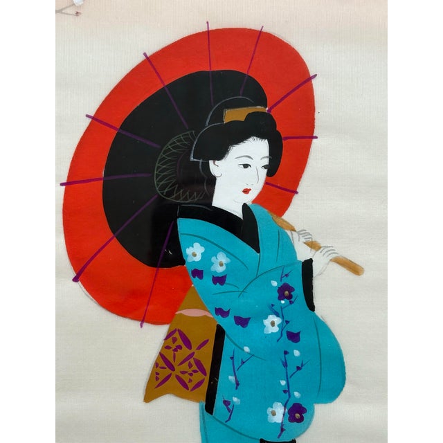 Mid-Century Japanese Silk-on-Silk Bijin Figure With Parasol, Framed For Sale - Image 4 of 9
