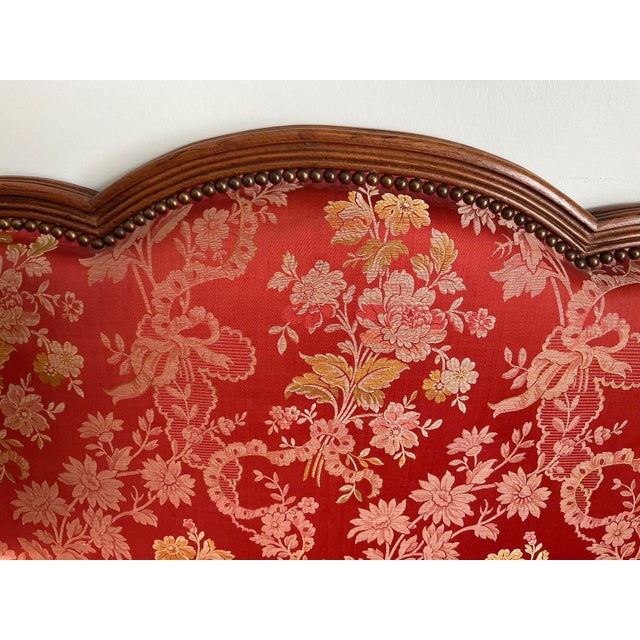 Vintage French Carved Walnut Upholstered Double Bed Frame Red Floral Damask Louis XV Style For Sale In Philadelphia - Image 6 of 9