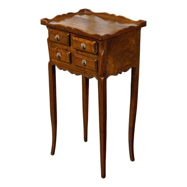 French, 1900s, Walnut Side Table with Carved Tray Top and Four Small Drawers For Sale