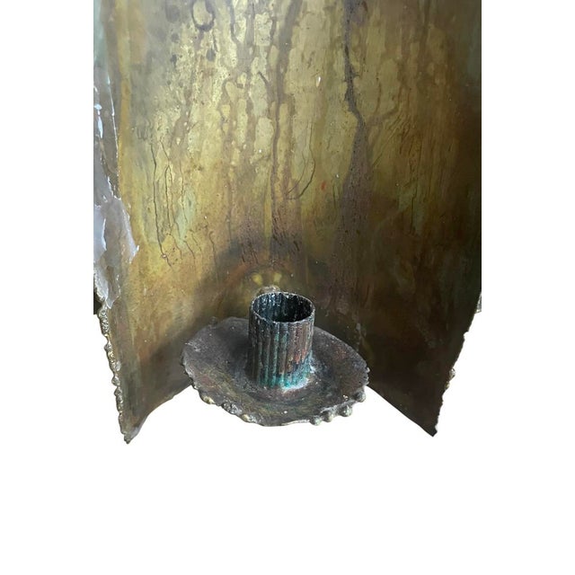Brutalist Torch-Cut Patinated Brass Candle Lantern Chandelier Attributed to Tom Greene for Feldman Lighting c.1960s For Sale - Image 10 of 10