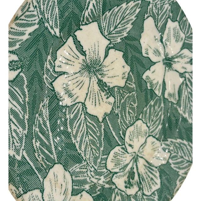 Vintage Hard to Find Restaurant Ware 1940s Tepco China 9 5/8" Dinner Plate in the Green Hawaiian Hibiscus Pattern This...