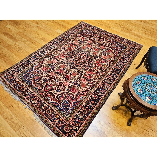 Vintage Persian Malayer Rug, Hand-Knotted Wool, Floral Pattern, 5x7, Ivory & Navy For Sale - Image 9 of 18