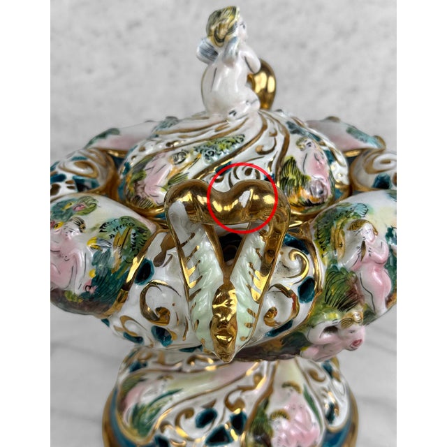 Vintage Italian Capodimonte Porcelain Cherub Double Handle Pedestal Bowl W/ Lid For Sale - Image 9 of 10