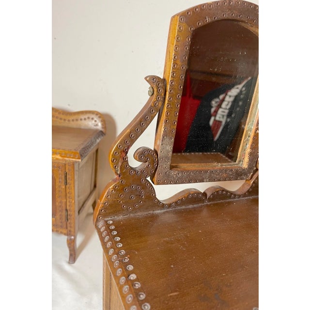 Set of 8 Antique Handmade Mini Wood Bedroom Set Tramp Art Furniture Dresser Bed Vanity For Sale - Image 14 of 14