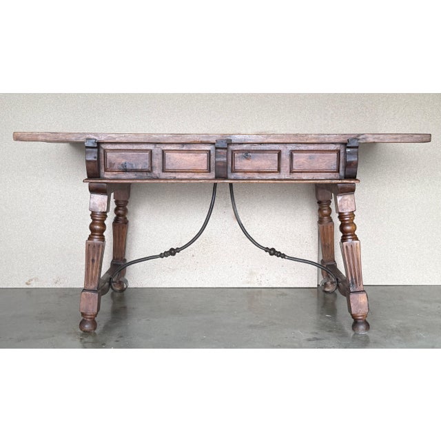 Late 19th Century 19th Century Solid Oak Baroque Fluted Legs Desk Writing Table or Console For Sale - Image 5 of 18