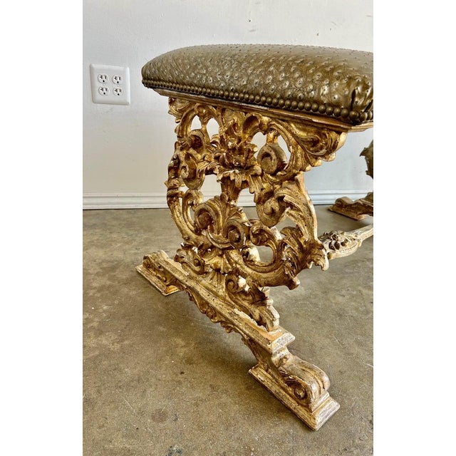 Italian Carved Giltwood Bench W/ Embossed Leather For Sale In Los Angeles - Image 6 of 17