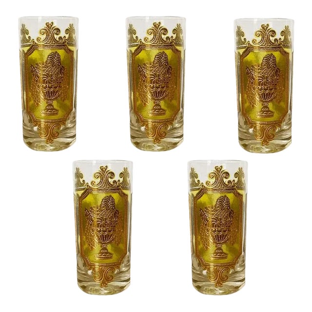 Mid Century 22-Karat Gold and Green Tall Cocktail Glassware by Culver - Set 5 For Sale