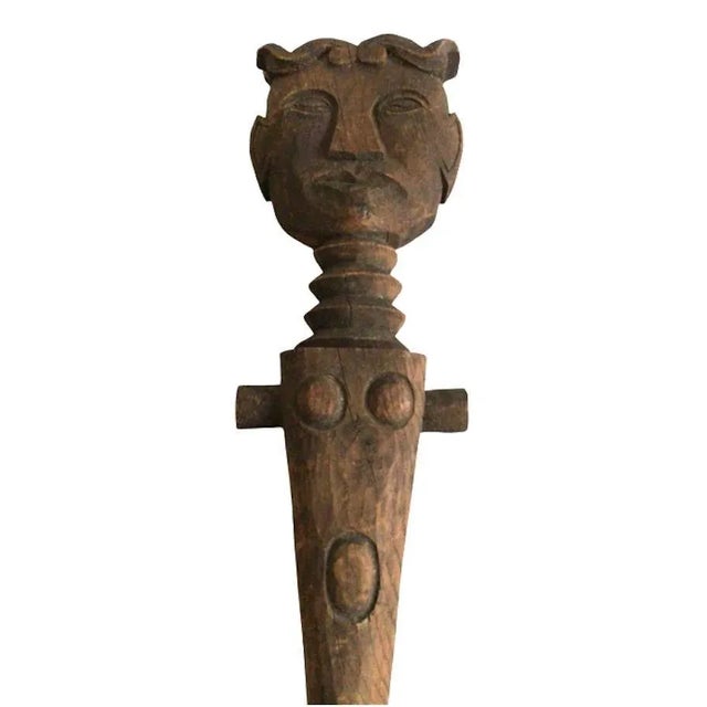 This 1940s hand-carved wooden statue of a man or woman is just under 2 feet Small piece missing on back as shown