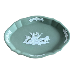 English Wedgwood Jasperware Sage Green Jewelry Dish With Neoclassical Cherub Design
