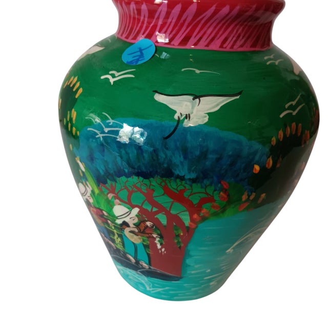 Vintage Mexican Folk Art Vase Handpainted Terracotta Colorful Green Blue Red Glossy Approximately 8" x 7" Weighs...