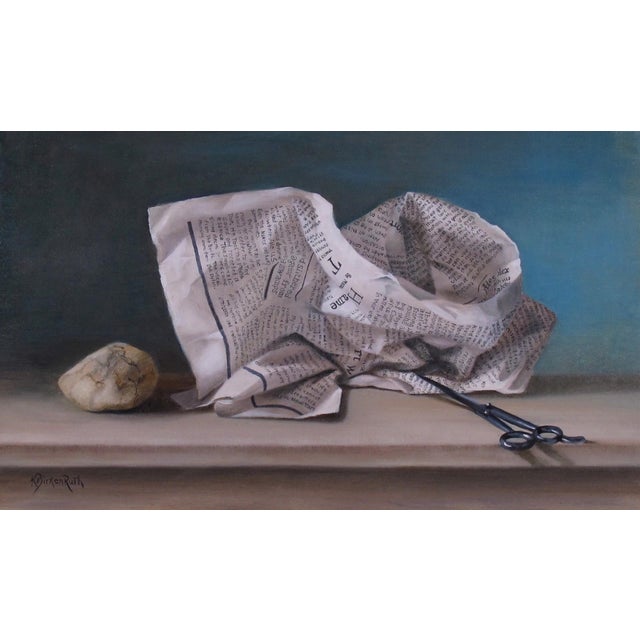 Everyone's Favorite Game by Kelly Birkenruth | Oil on panel Still life with newspaper, rock, and scissors For Sale