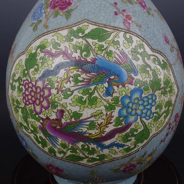 Ceramic Chinese Vintage Porcelain Vase Qing Dynasty Qianlong Marked Crackle Glaze Famille Verte Porcelain Danping Hand Painted Double Phoenix Pattern For Sale - Image 7 of 7