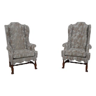 Pair of Tall Back William & Mary Style Wing Chairs For Sale