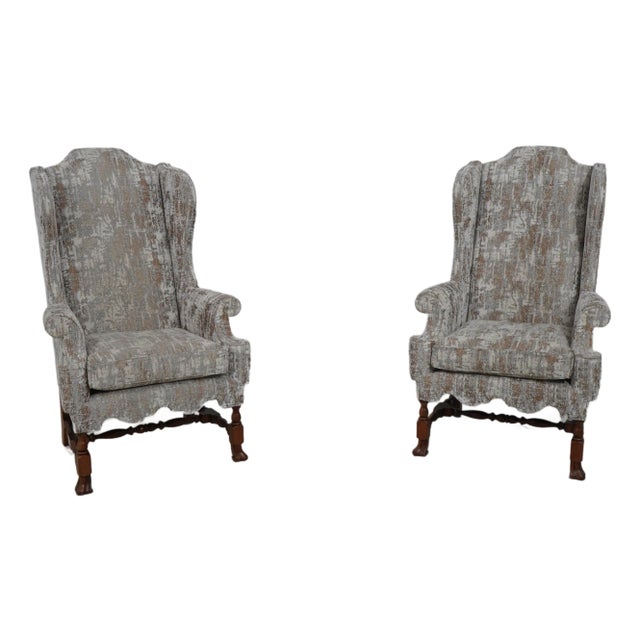 Pair of Tall Back William & Mary Style Wing Chairs For Sale