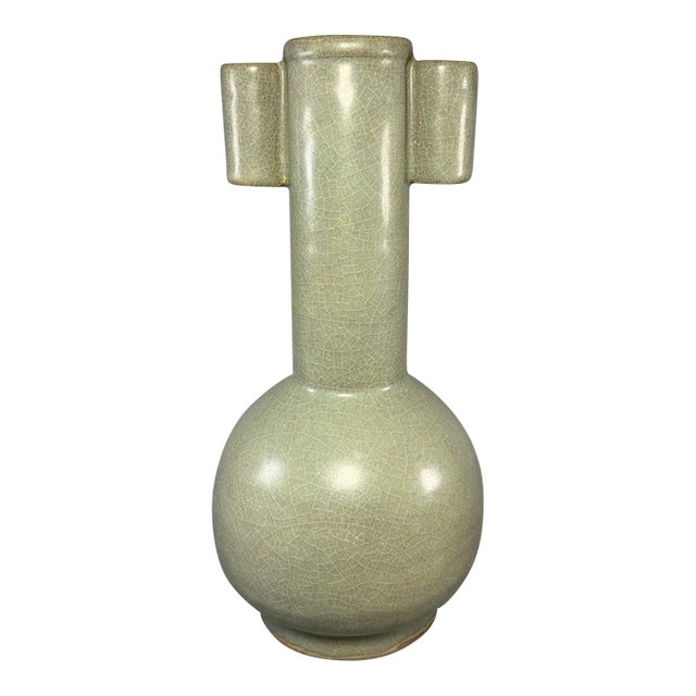 Antique Chinese Longquan Celadon Long Neck Arrow Ear Vase For Sale