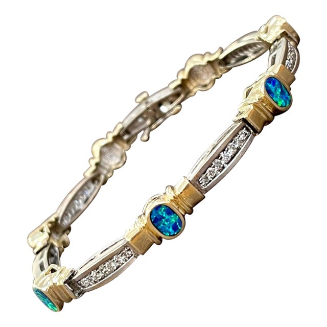 Natural Opal & Diamond Tennis Bracelet 14 Karat Two Tone Gold For Sale