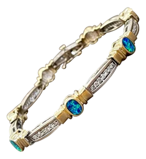 Natural Opal & Diamond Tennis Bracelet 14 Karat Two Tone Gold