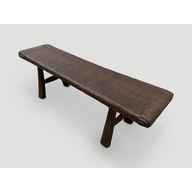 Andrianna Shamaris Impressive Hand Carved Espresso Stained Teak Wood Bench For Sale - Image 4 of 18