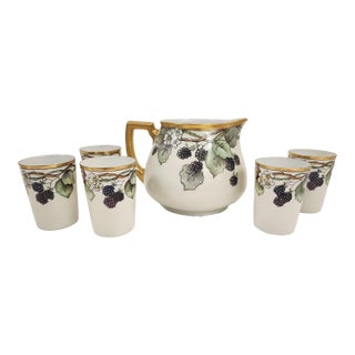 1930s Bavarian Blackberry Hand Painted Pitcher and 5 Tumblers H&c For Sale