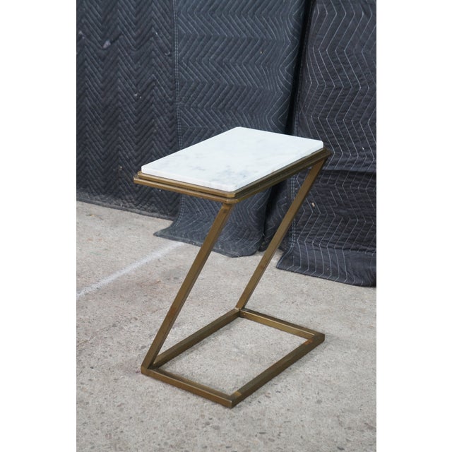 Late 20th Century Modern Chic Marble Top Brass Z Shaped Sofa End Side Table For Sale - Image 6 of 10