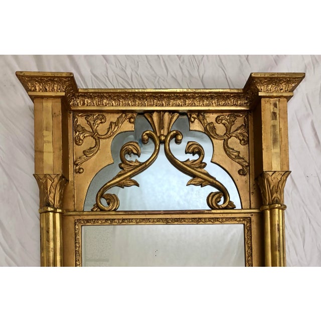 A Late 19th c. Swedish c.1880 Gilt & Partial Water Gilding Wood Gothic Mirror with Four Spool Columnar Supports and...