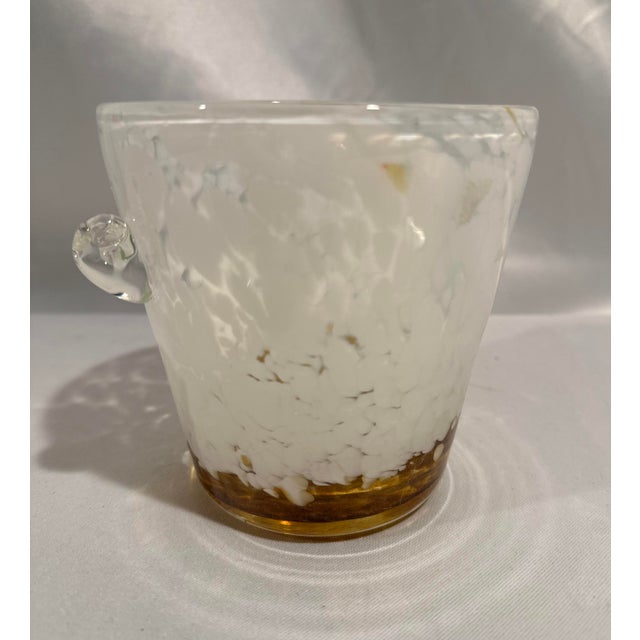 A 1980’s era Venini white and amber gold glass ice bucket. Handmade art glass for your bar from Italy. No makers mark.