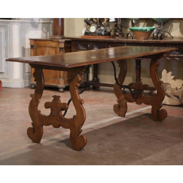 18th Century Italian Baroque Carved Walnut and Wrought Iron Trestle Console For Sale In Dallas - Image 6 of 9