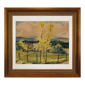 Vintage American Impressionist Watercolor Landscape Painting With Farm by Ralph Williams 1946