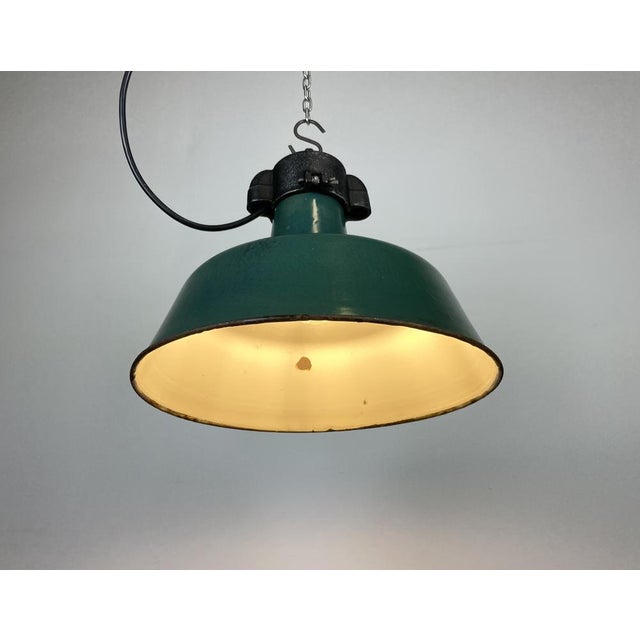 Industrial Green Enamel Factory Lamp with Cast Iron Top from Polam, 1960s For Sale - Image 10 of 16