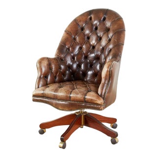 English Chesterfield Style Tufted Leather Executive Desk Chair For Sale
