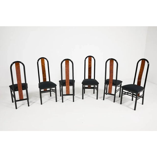 Beautiful set of six high back chairs produced by GDM, Italy 1980’s. The chairs have wooden frame painted in black gloss...