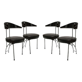 Contemporary Black Lacquered Iron Leatherette Chairs, Italy, 1980, Set of 4 For Sale