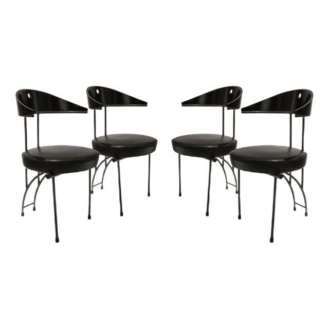 Contemporary Black Lacquered Iron Leatherette Chairs, Italy, 1980, Set of 4 For Sale