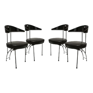 Contemporary Black Lacquered Iron Leatherette Chairs, Italy, 1980, Set of 4