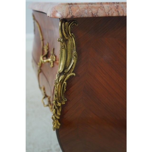 Vintage Louis XV Style Marquetry Bombe Marble Top Commode For Sale - Image 17 of 18