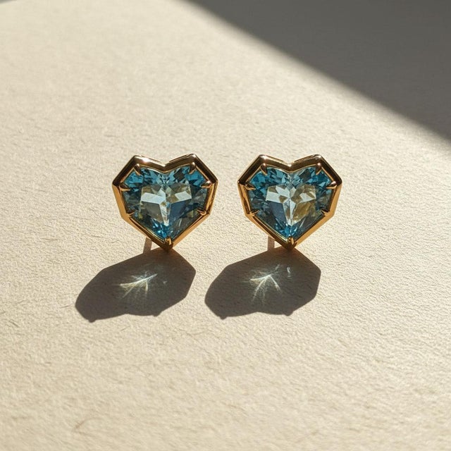 Metal Geometric Heart Topaz Stud Earrings, Silver, Gold, Pair For Sale - Image 7 of 10