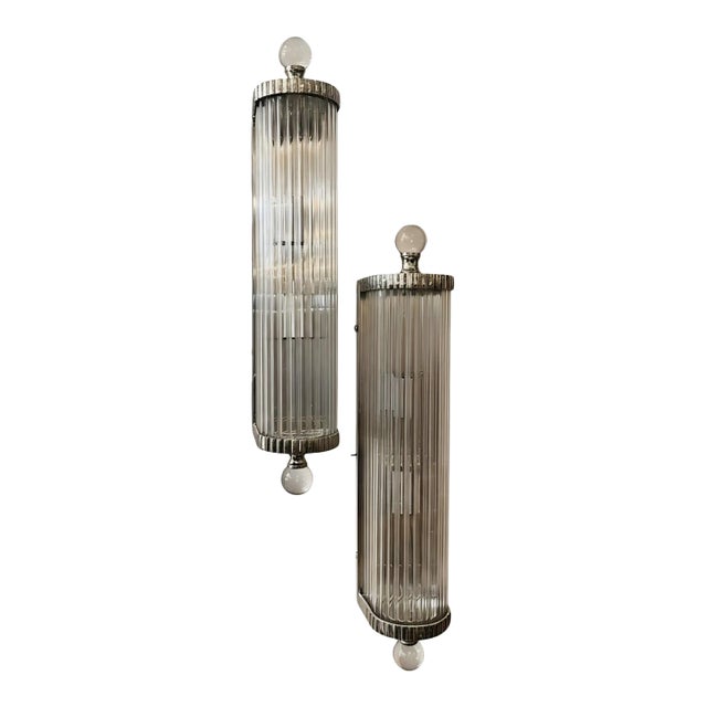 Vintage Art Deco Light Old Lamp Wall Sconces Fixture Chrome Brass & Glass Rod Ship Light - Pair For Sale