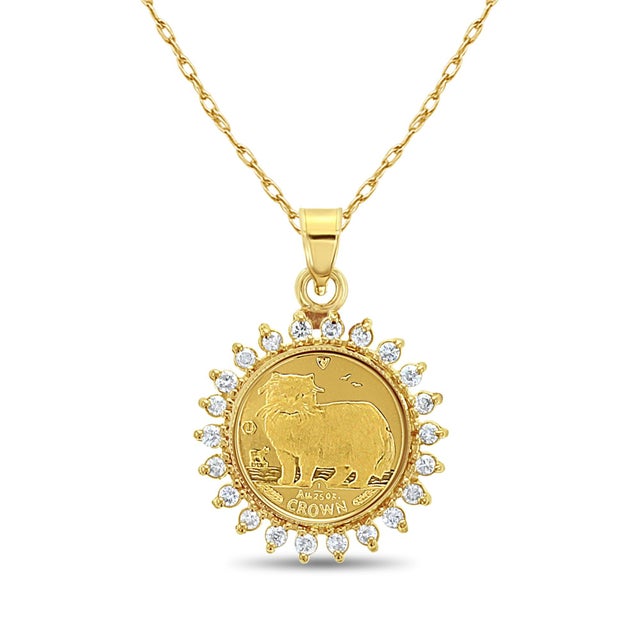 Metal Queen Elizabeth Isle of Man Gold Coin Necklace with Diamond Halo 16" For Sale - Image 7 of 7